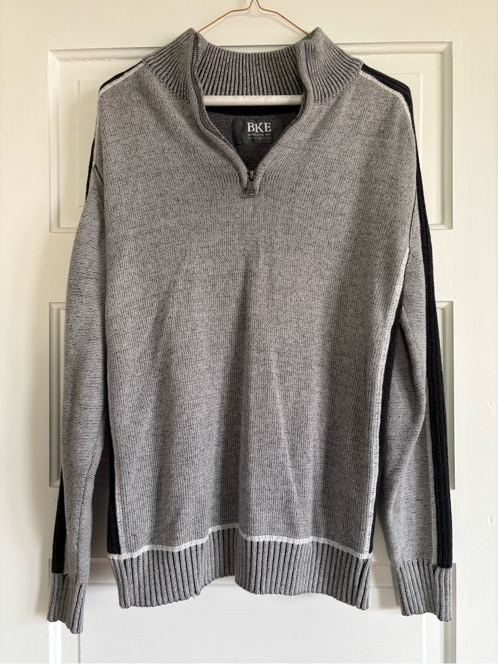 BKE Men's Gray Zip-Neck Sweater with Black Side Stripes